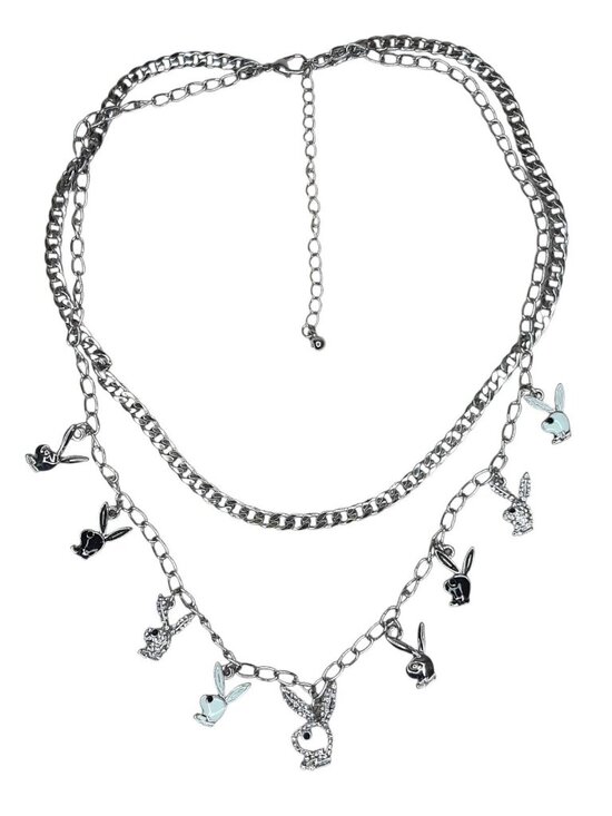 PLAYBOY Jewelry - Playboy Bunny Necklace Silver Tone Y2K Layered Chainlink Enamel Rhinestones